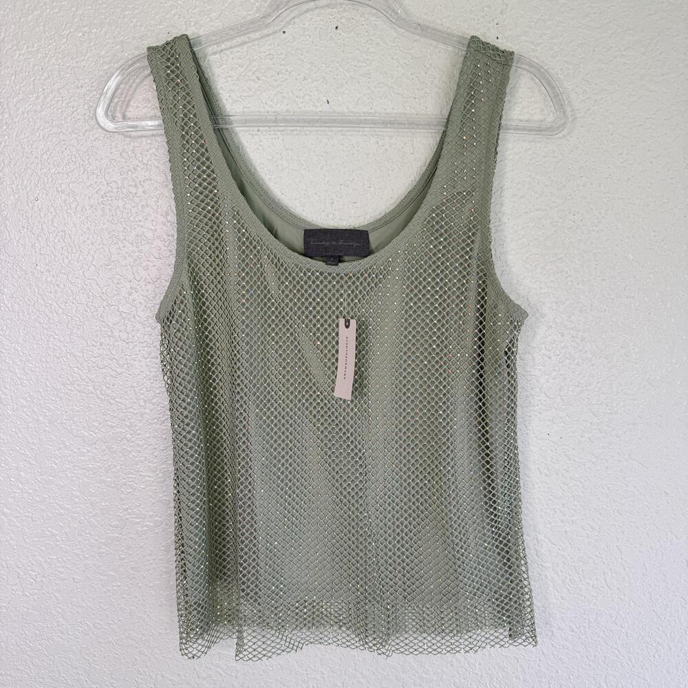 Anthropologie Sunday In Brooklyn Top Womens Small Rhinestone Mesh Tank Green NEW